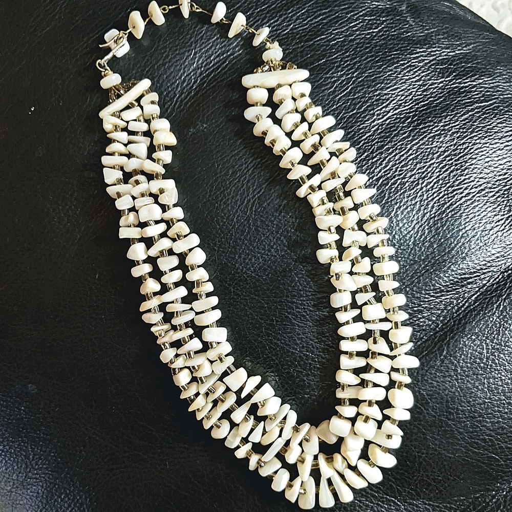 Vintage Mother of Pearl Shell 3 Strand Statement Necklace Multi Strand Summer